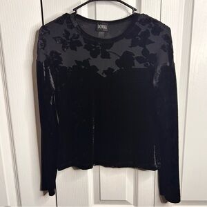 Donna Women’s Black Velvet Floral Crewneck Long Sleeve Blouse Top Vintage SP